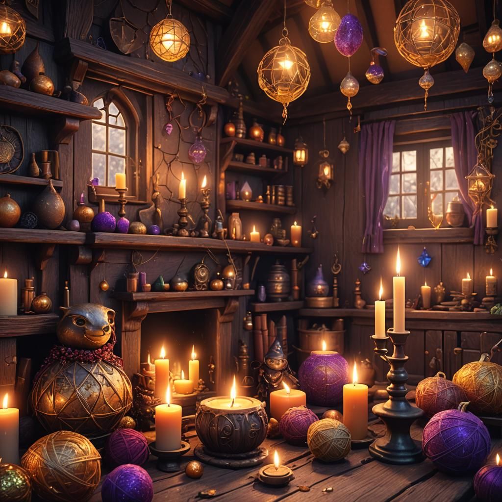 Cozy Witch Cottage Interior with Sparkles and Candles