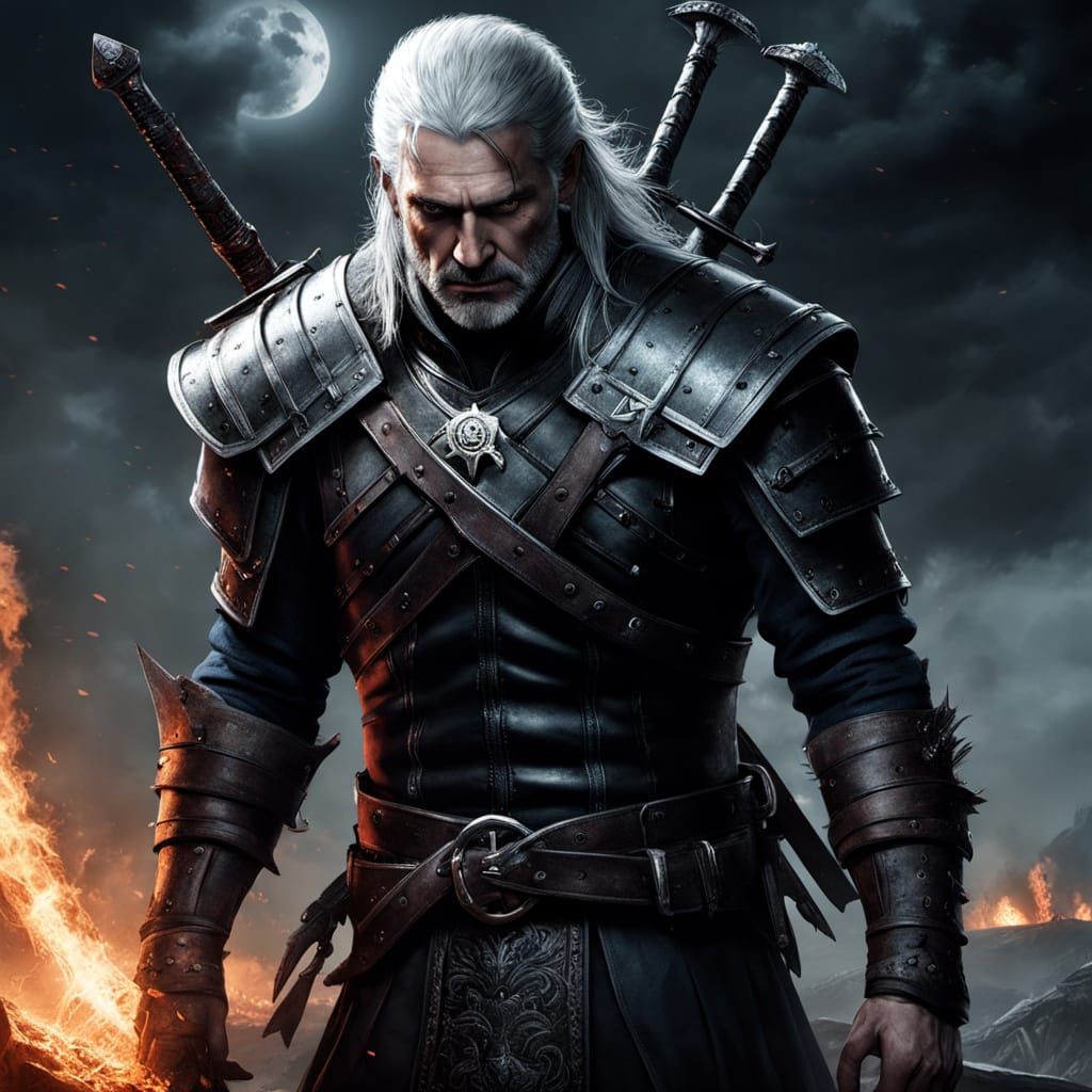 Geralt of Rivia in Medieval Combat, Surrounded by Demonic Po...