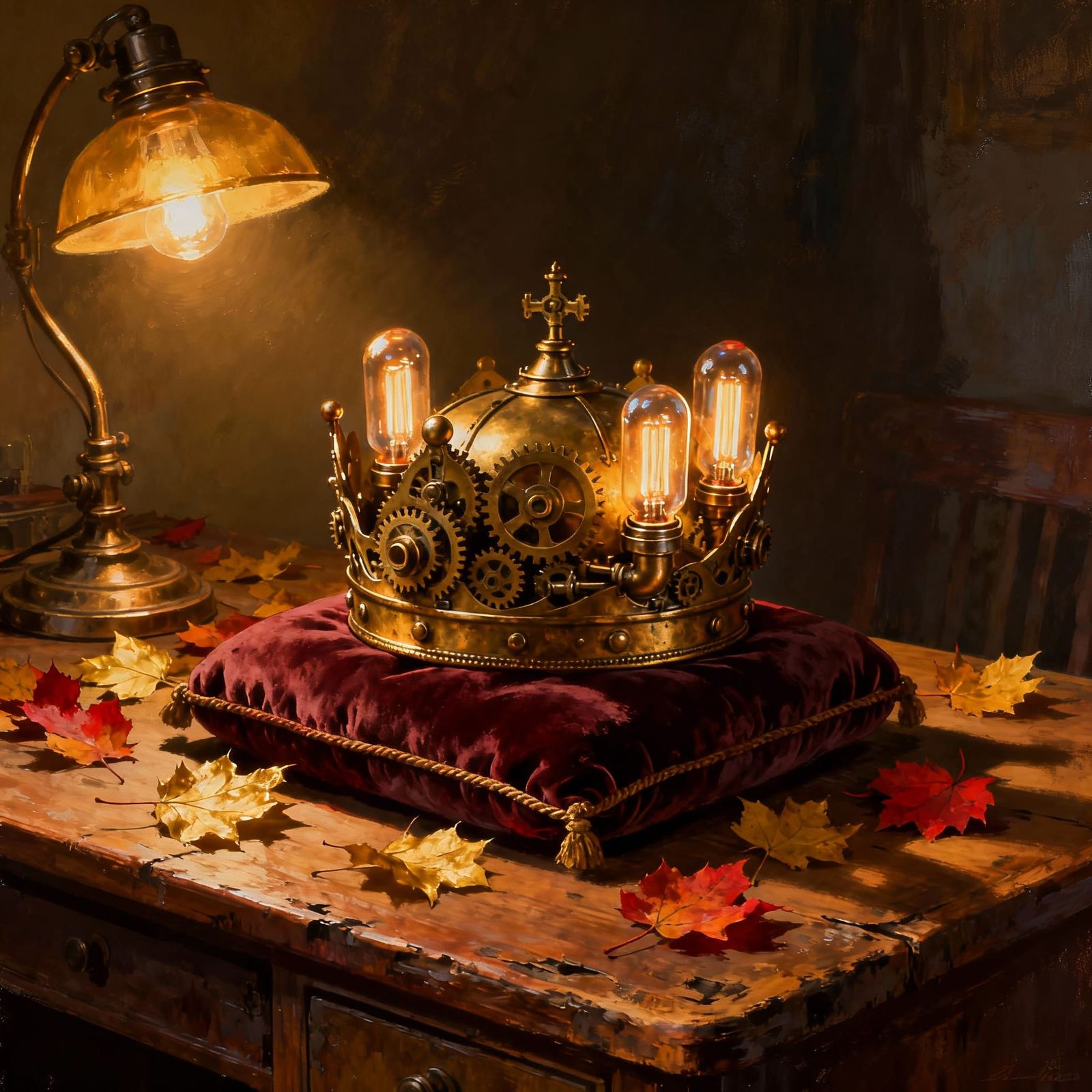 Steampunk Crown on Desk with Autumn Leaves in Digital Art St...