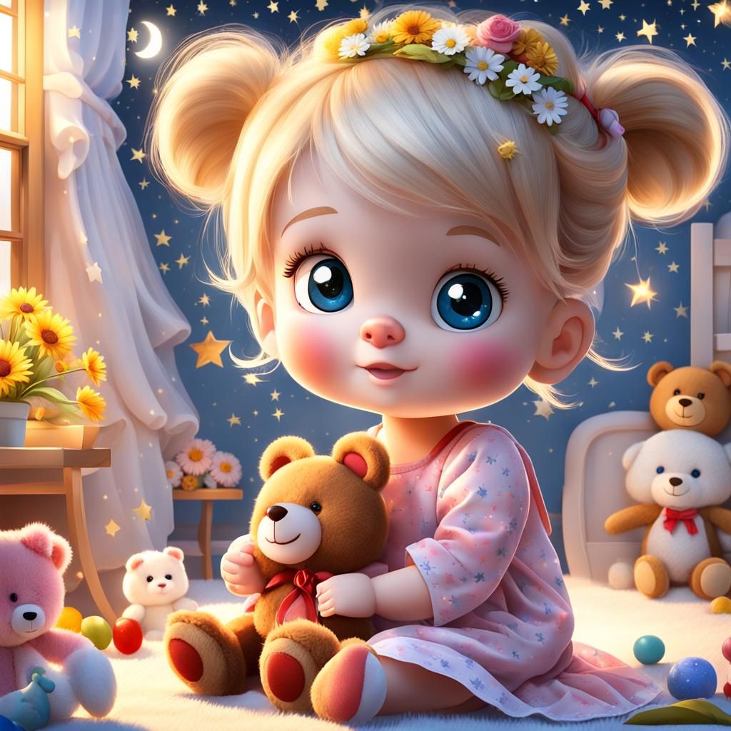 Adorable Girl with Teddy Bear Storybook Illustration