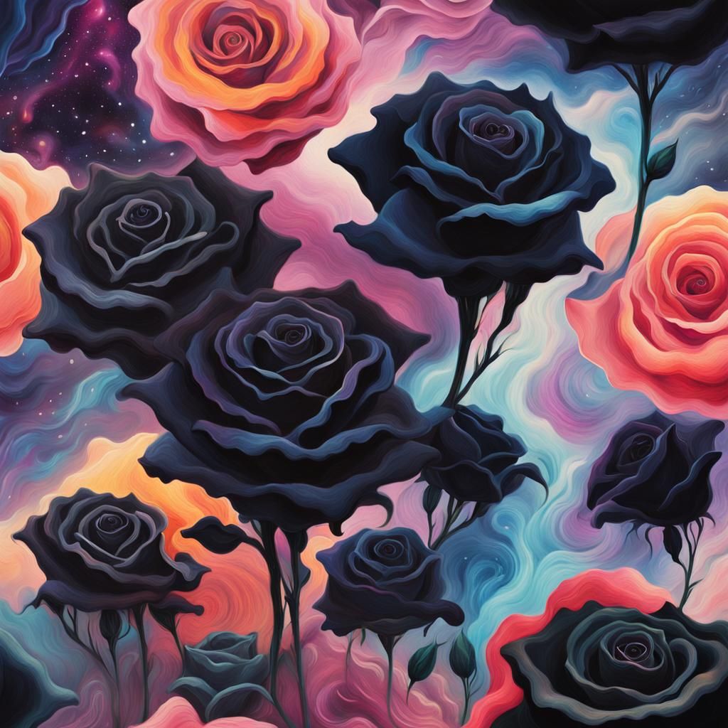 Cosmic Black Roses in a Surreal Oil Painting