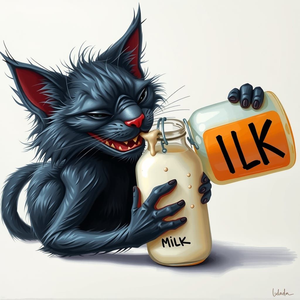 funny disheveled skinny black cat drinking milk from a bottle, the bottle says "M I L K"