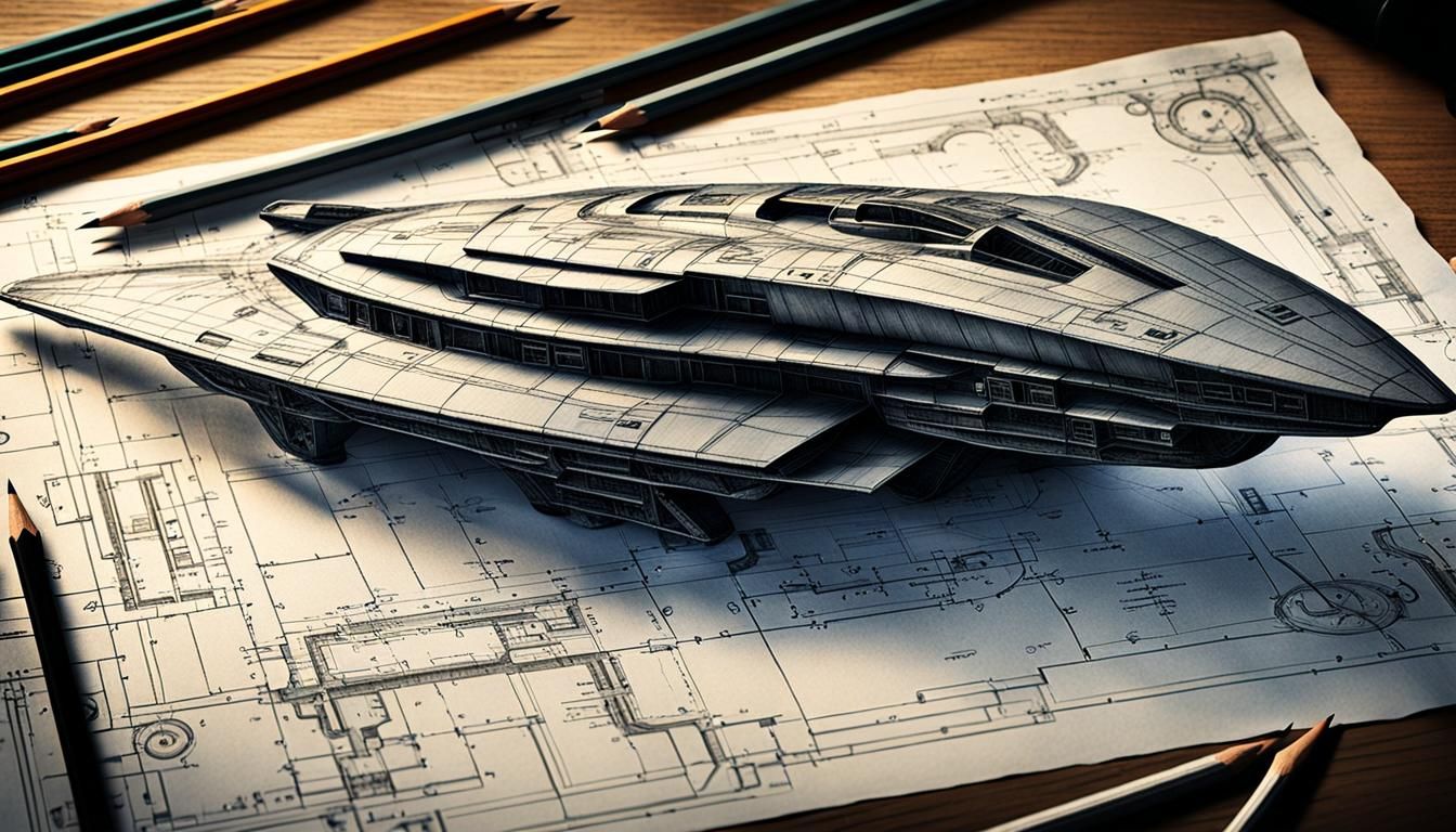 Futuristic Spaceship Blueprint in Charcoal Style