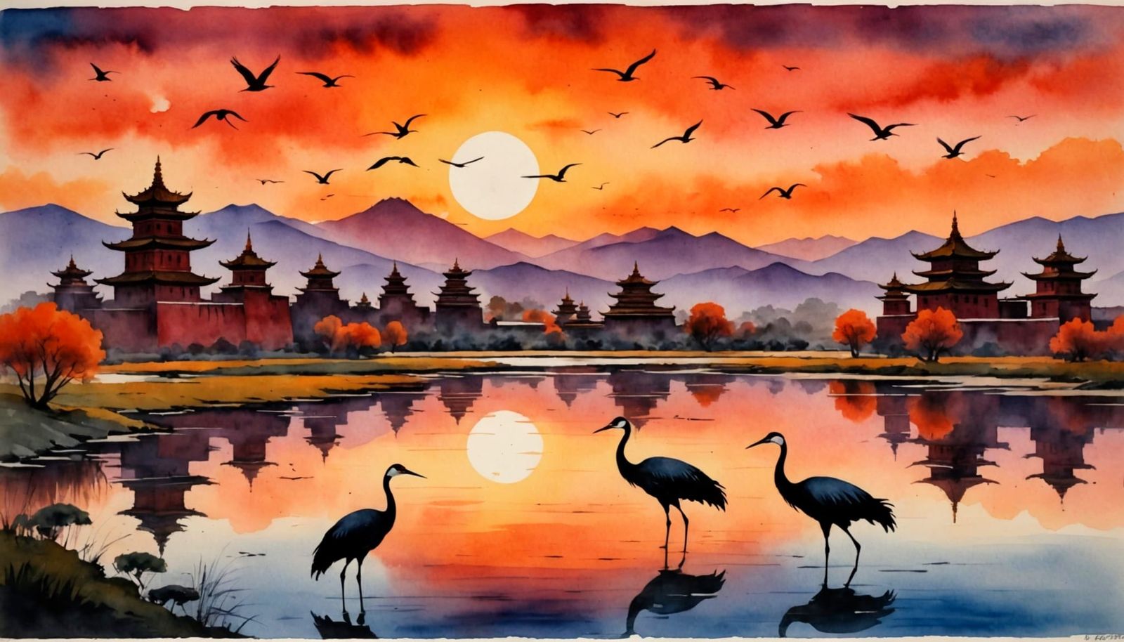 Cranes in Tibet Sunset: Watercolor on Parchment