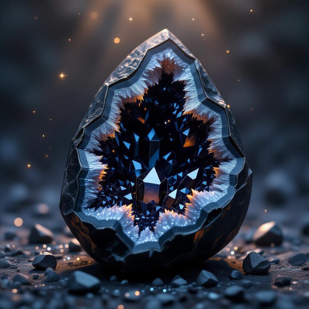 Intricate Black Geode with Dark Crystals