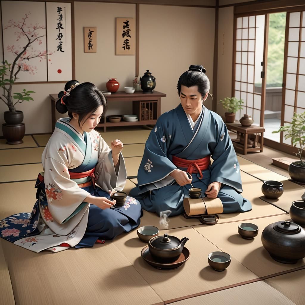 Japanese Couple's Traditional Tea Ceremony, Anime Art