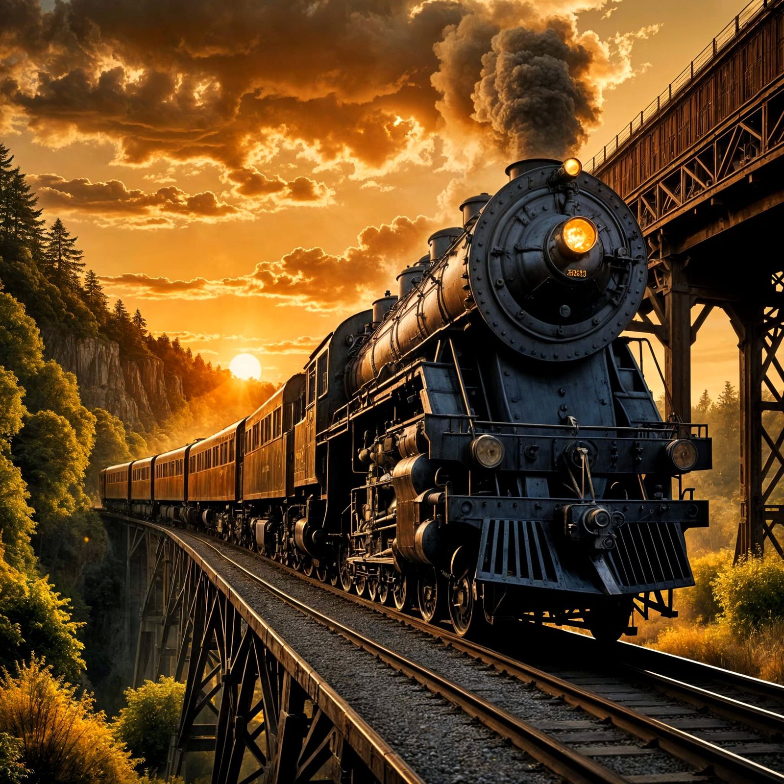 Train on a Trellis in Moody, Retro-Inspired Art