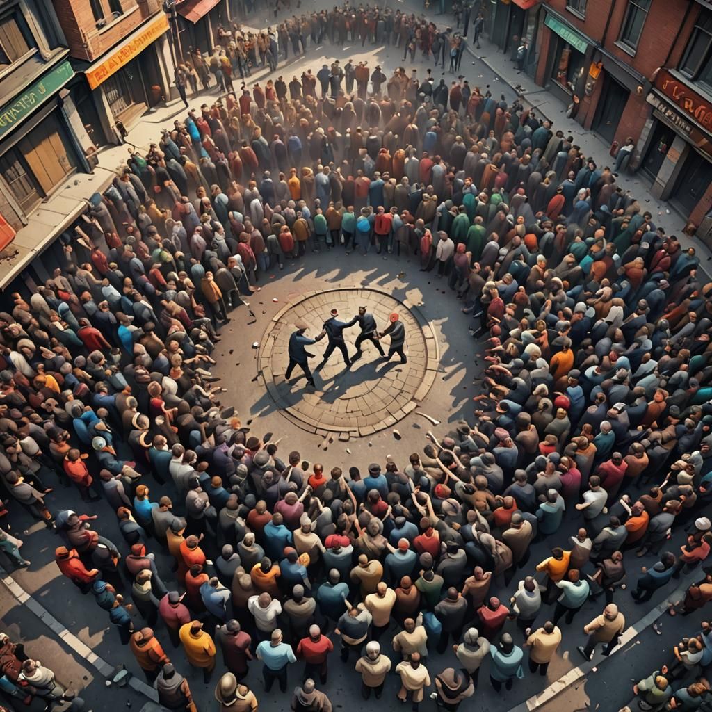 Street Fight Crowd Scene in Detailed Digital Art