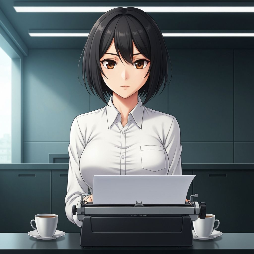 Anime Secretary Typing in Futuristic Office