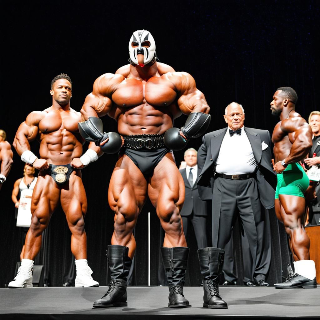 Bane, flexing, in thong, at Mr. Olympia contest