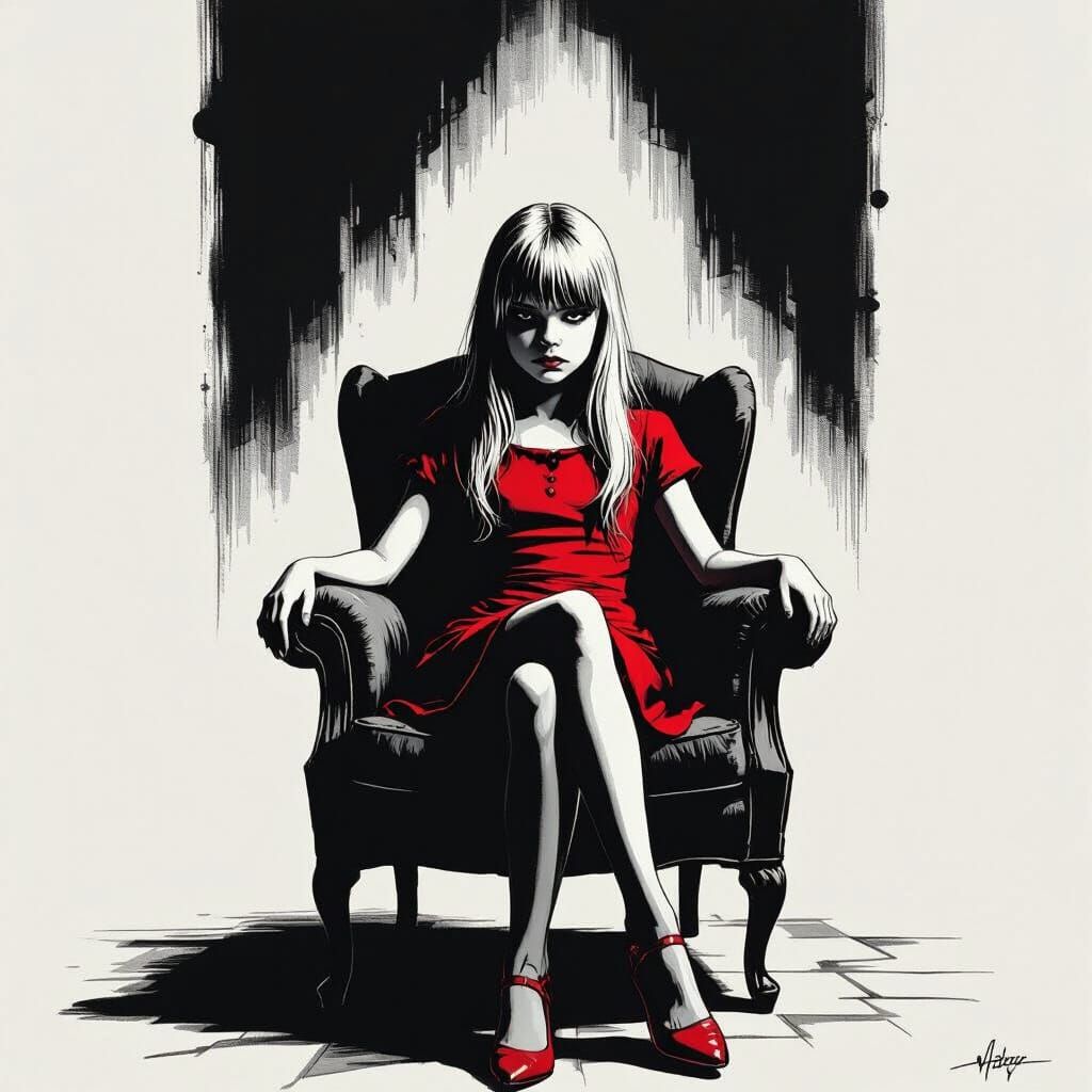 Girl in Noir Setting, Mignola-Style Illustration