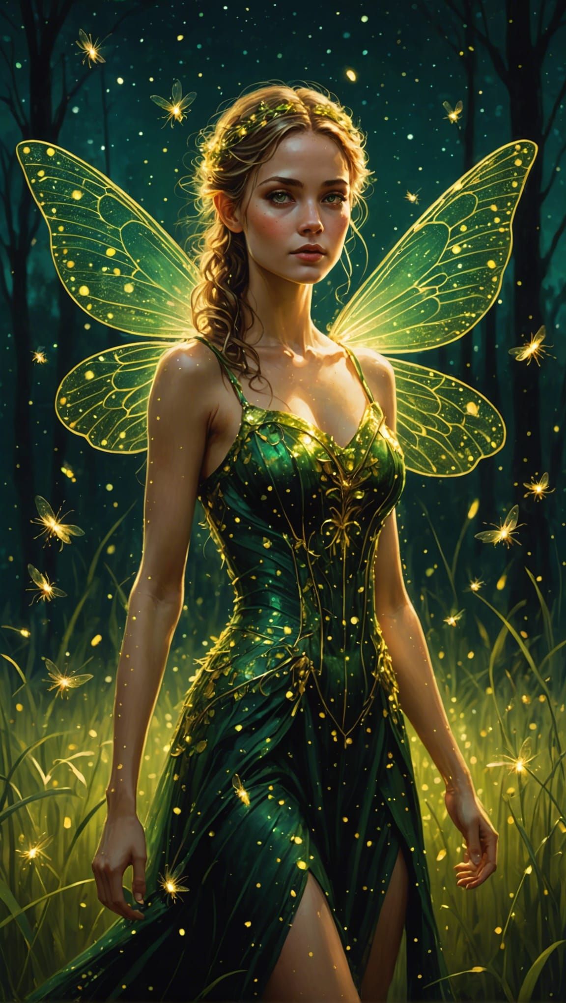 Gold and Green Fairy with Fireflies, Alcohol Ink Art
