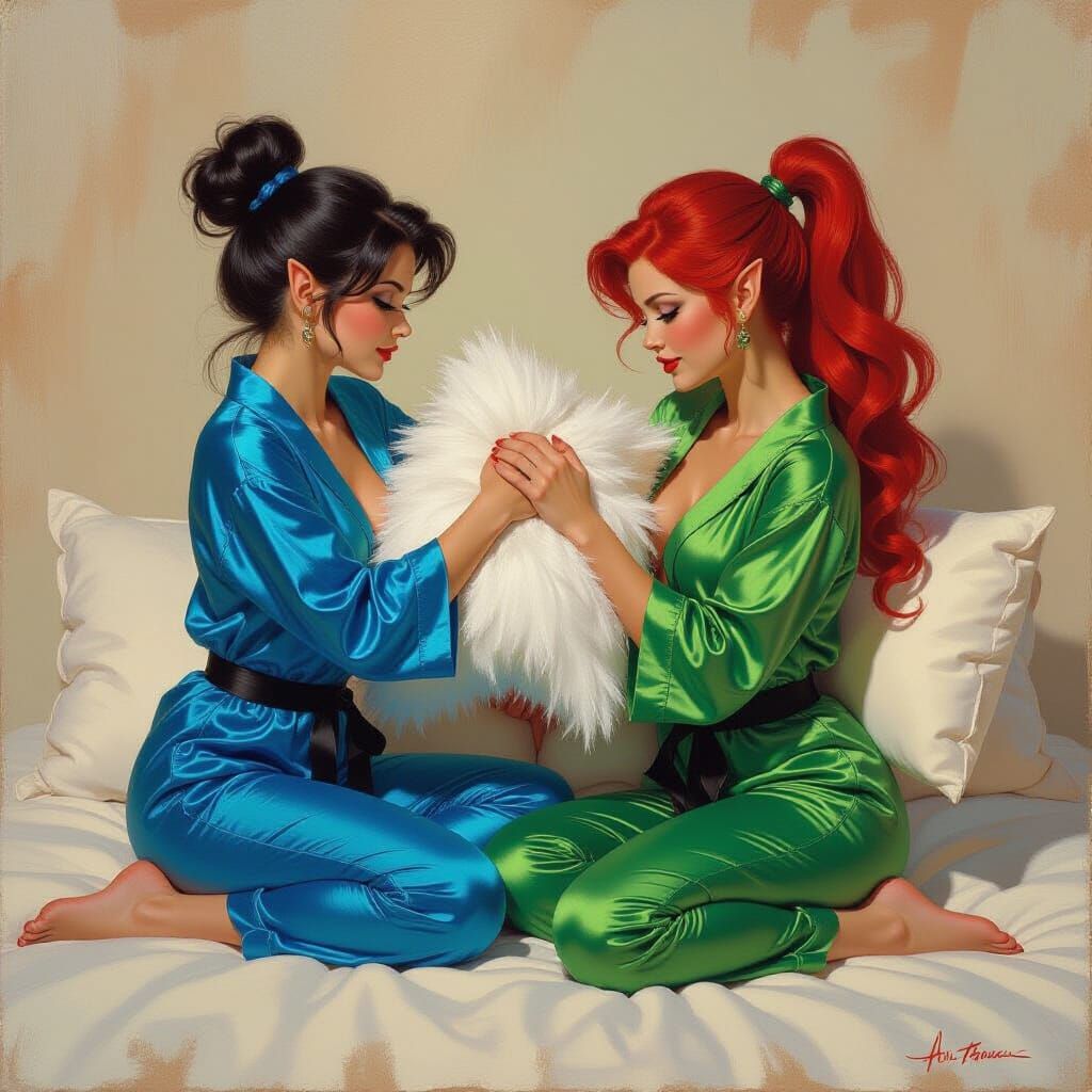 Elven Pillow Fight in Fantasy Oil Painting Style