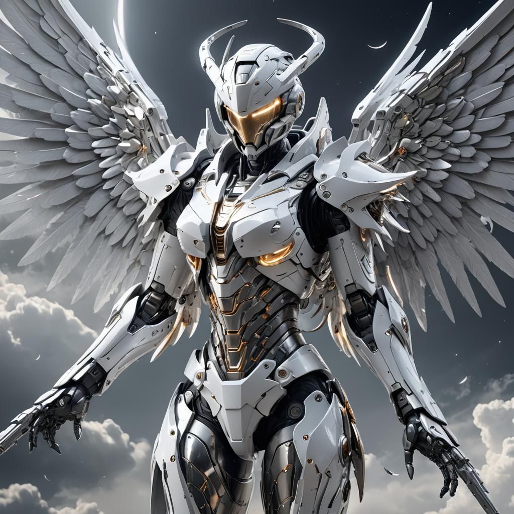 Ethereal Mecha Angel Descending with Silver Halo