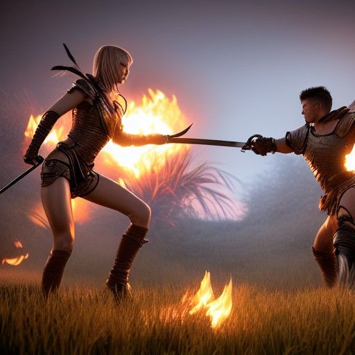 Fiery Battlefield Duel in Hyper-Realistic Style
