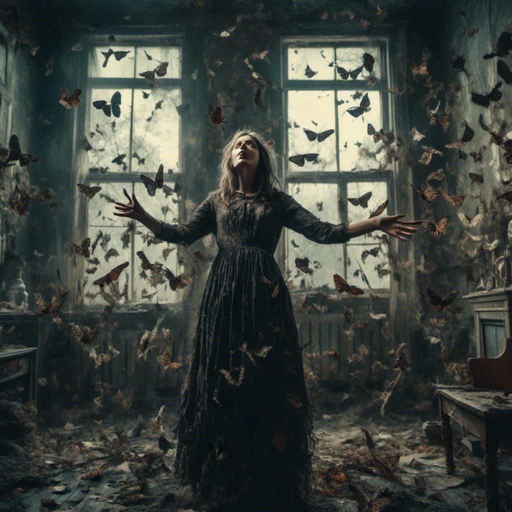 Macabre Witch Surrounded by Moths at Night