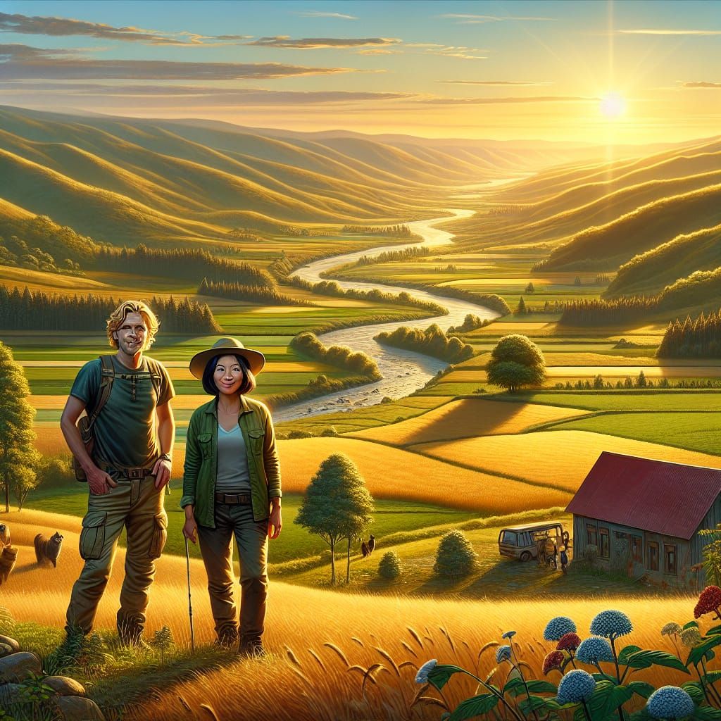 Golden Hour Rural Landscape with Hikers