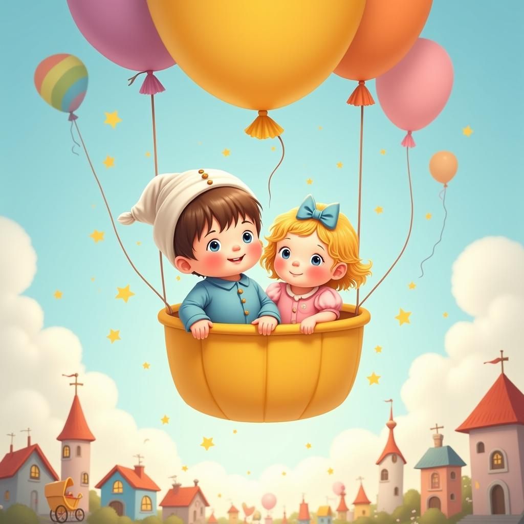 Babies in Balloon Soaring Through Dreamy Sky