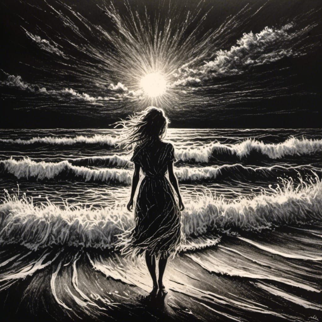 Woman on Beach: Dramatic Chalk Sketch