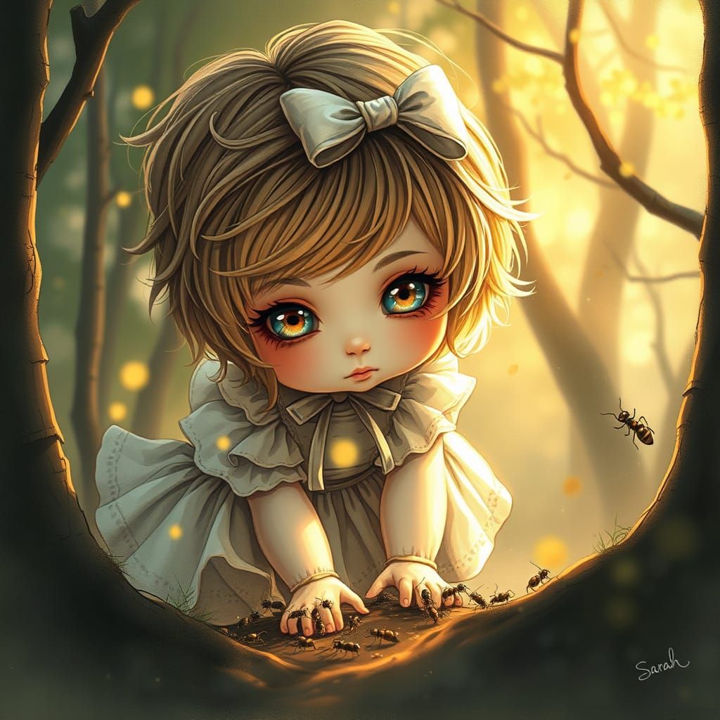 Cute Doll Child in Enchanted Misty Woods with Golden Light
