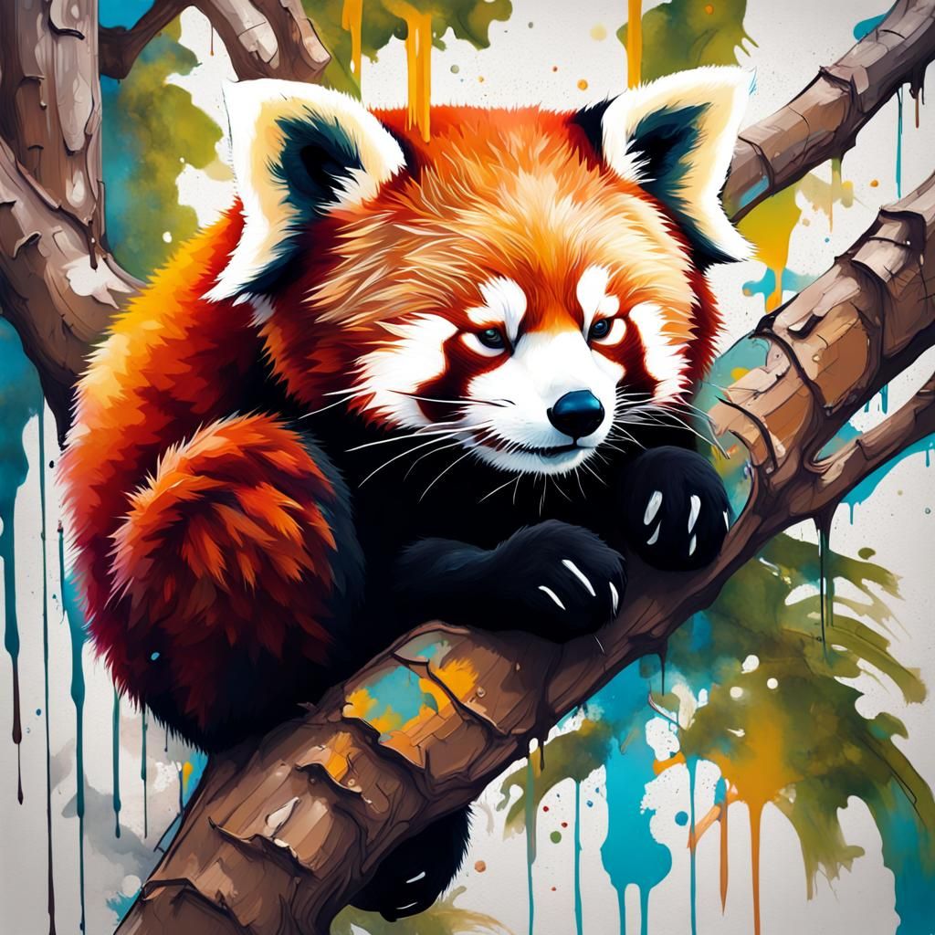 Red Panda Napping in Tree Graffiti Art