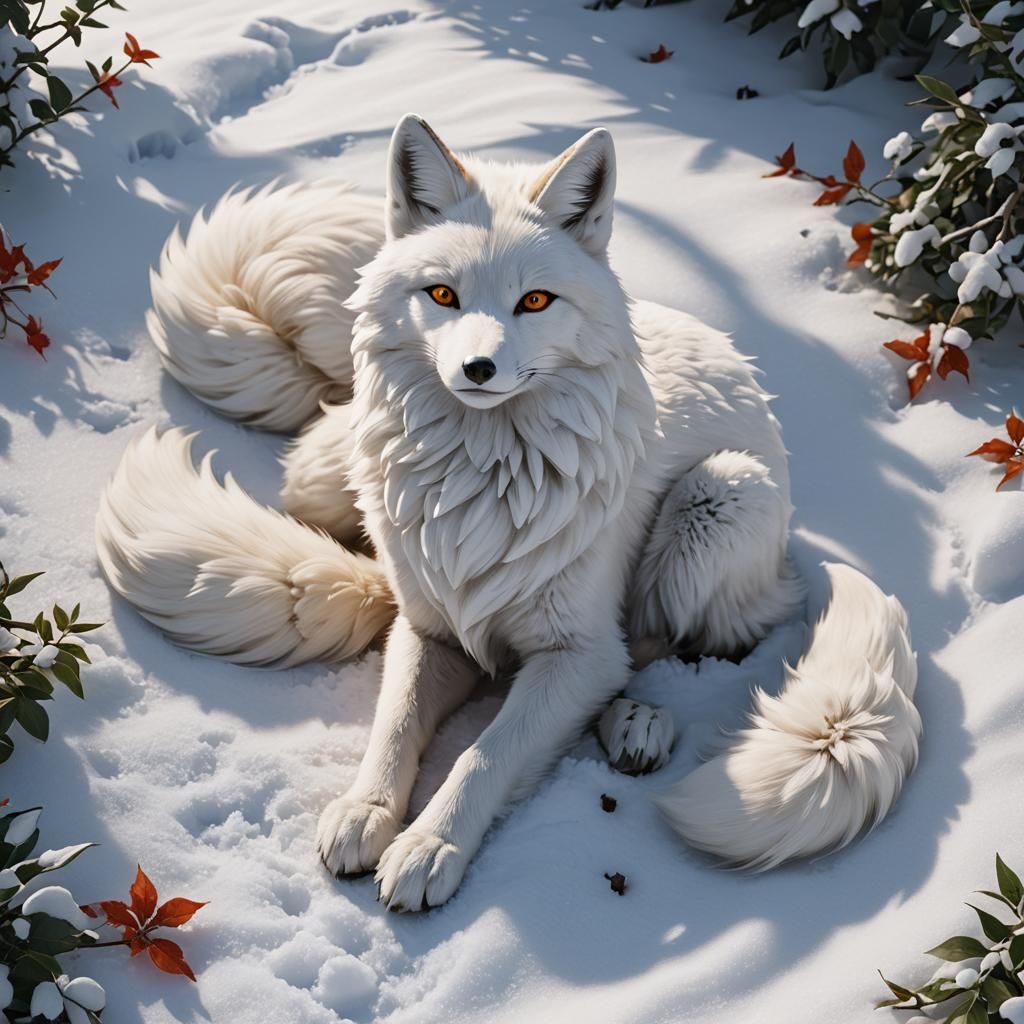 White Nine-Tailed Fox Portrait in 3D Anime Style