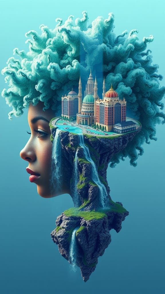 Vibrant Teal Afro Goddess with Waterfalls in a City of the M...