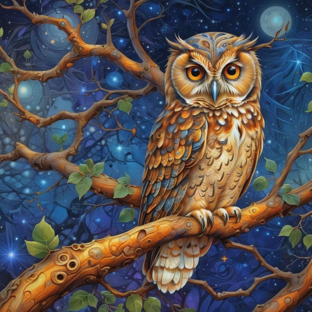 Detailed Owl Painting on Branch in Night Colors