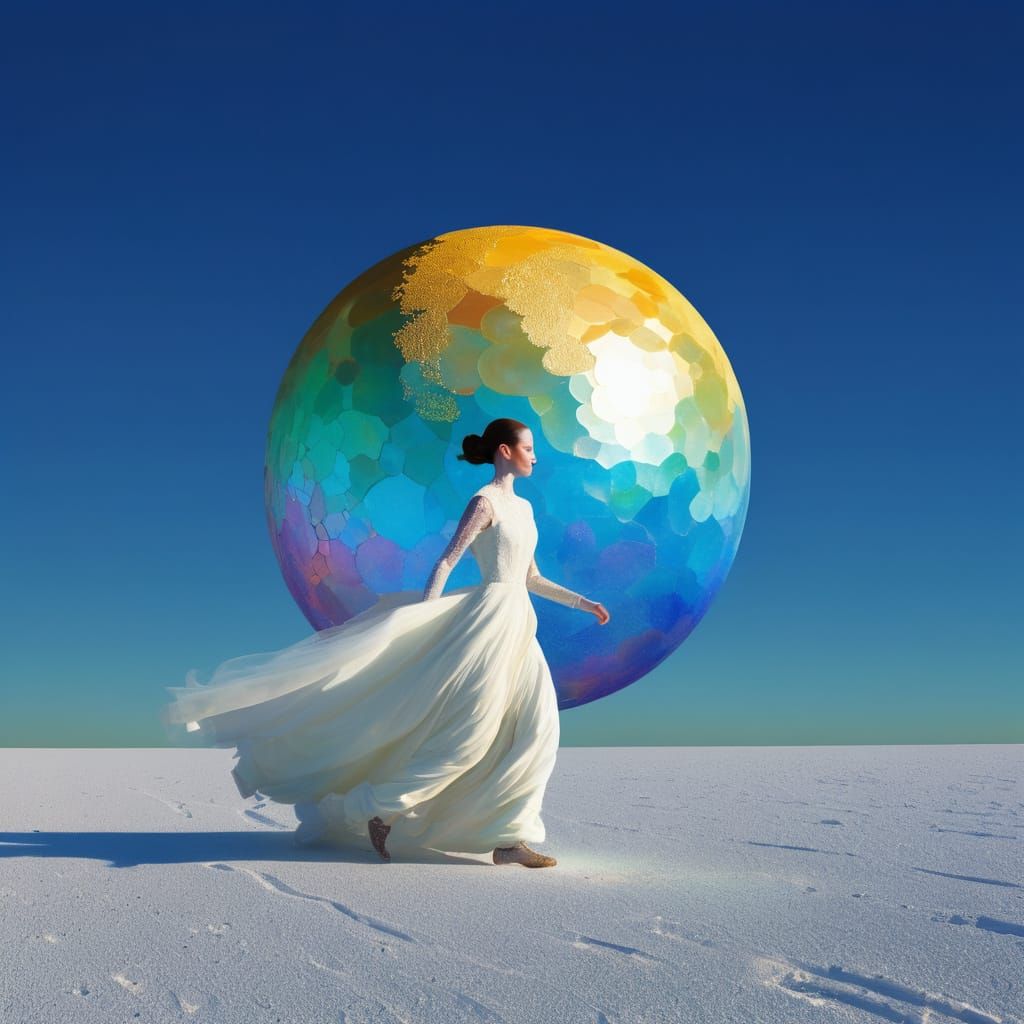 Surreal Bride Runs Through Moonscape with Iridescent Ball
