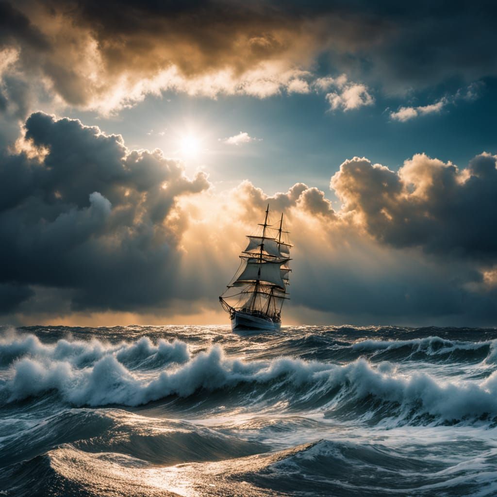 Epic Seascape Painting of Sailboat in Turbulent Ocean