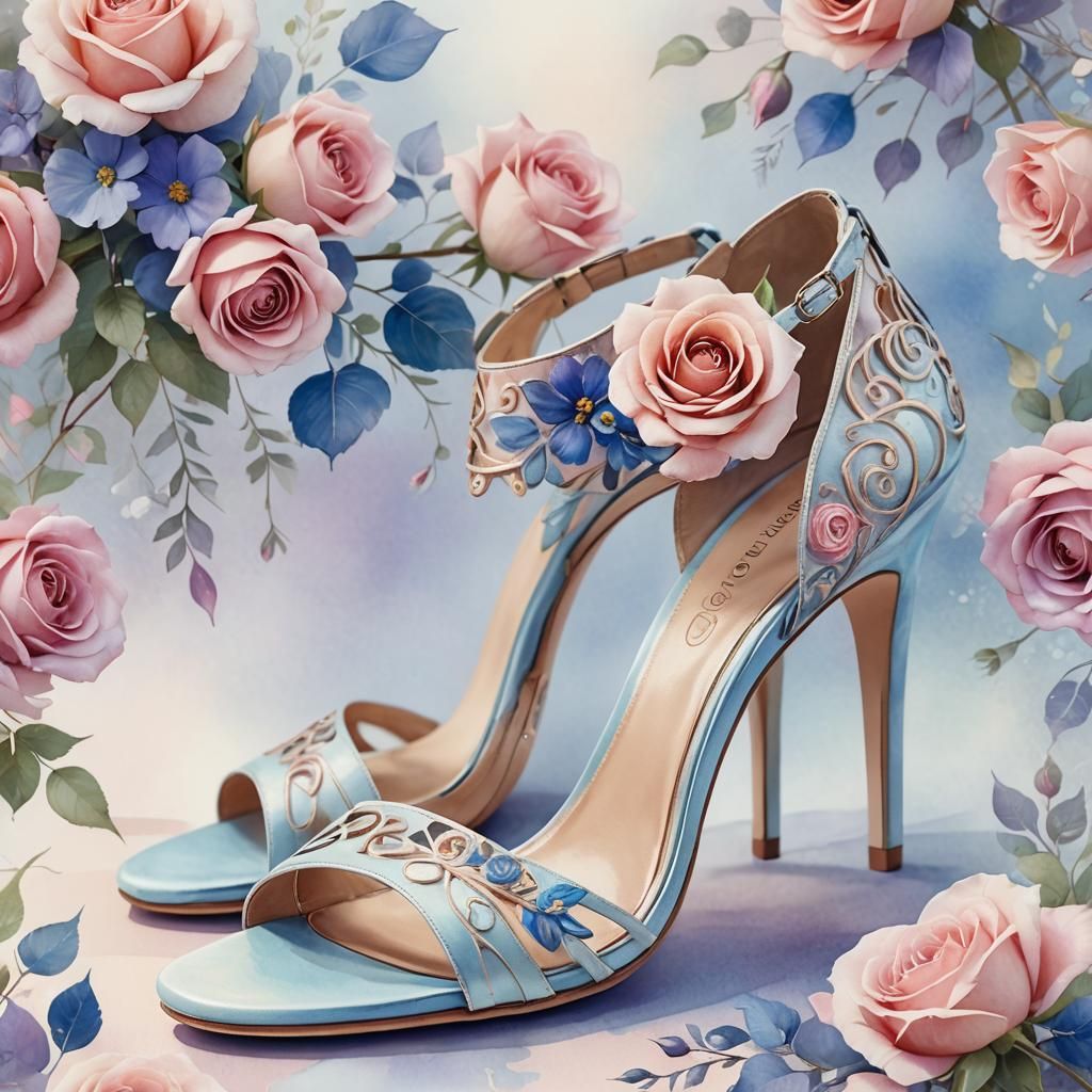 Floral Sandal Digital Illustration in Pastel Watercolor Styl...