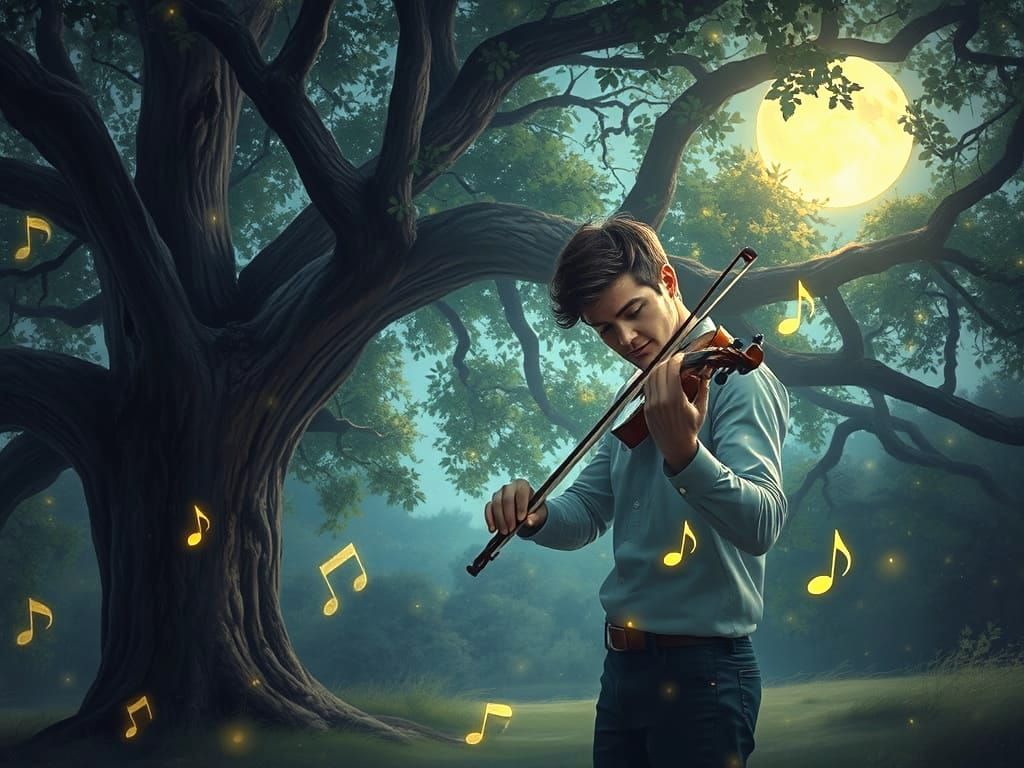 Handsome Violinist Plays Under Tree with Shimmering Notes