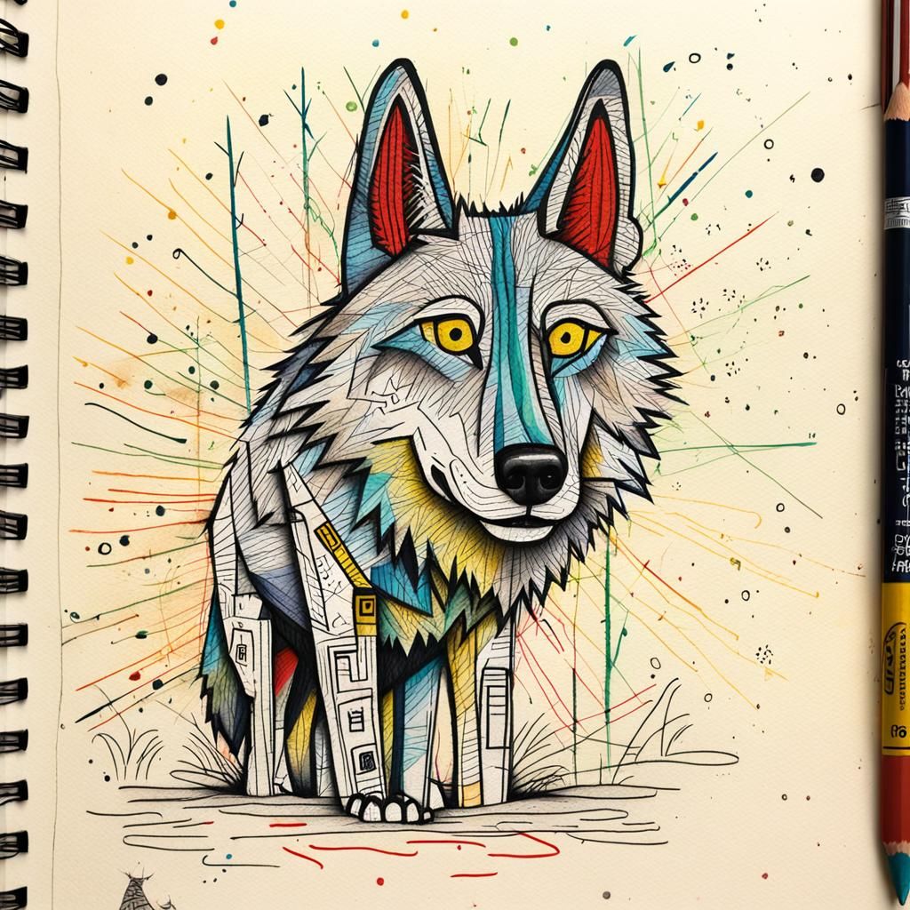 Whimsical Wolf Colored Pencil Drawing on Paper