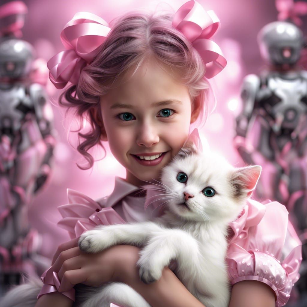 Girl and Cybernetic Kitten with Pink Bows