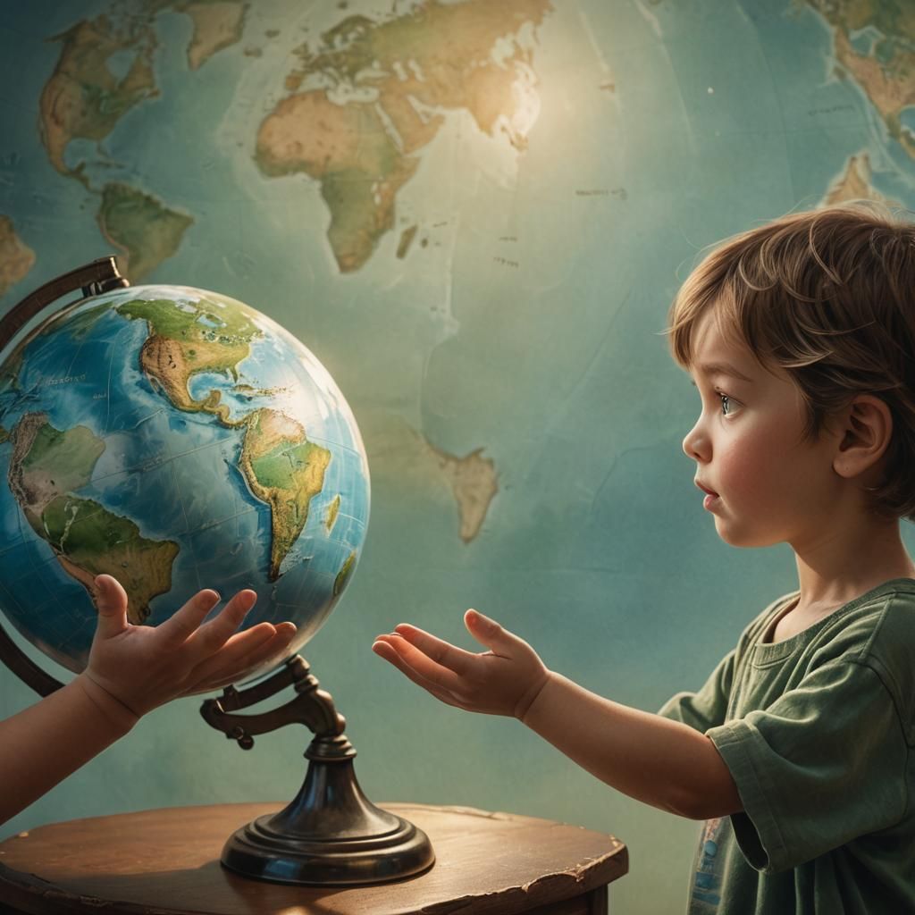 Child Reaching for Globe in Earthy Tones