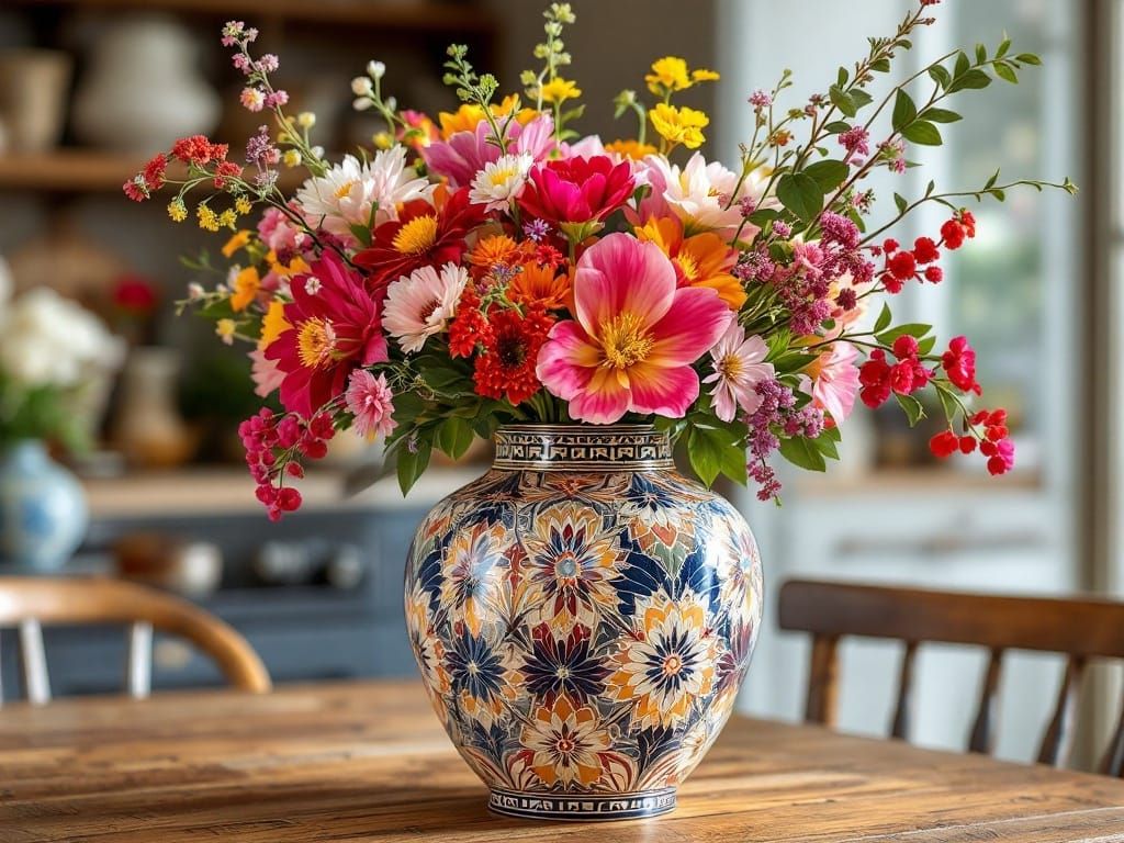 Lacquer-Carved Vase in Country Kitchen