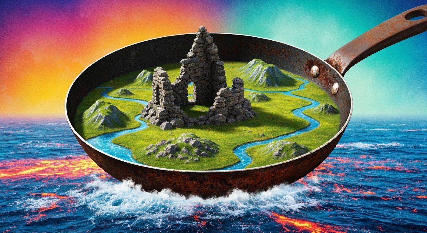 Surreal Landscape in Frying Pan, Mixed-Media Fusion