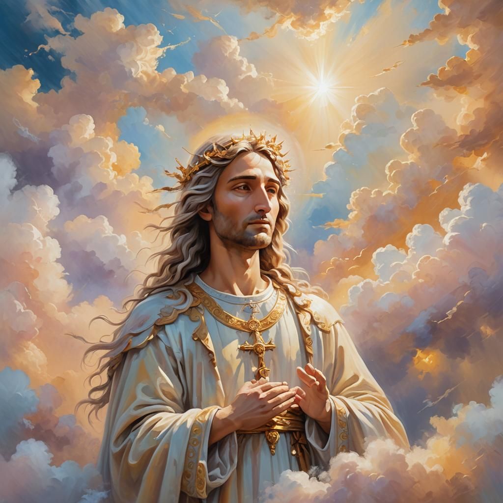 Ethereal Holy Figure in Clouds, Acrylic Painting