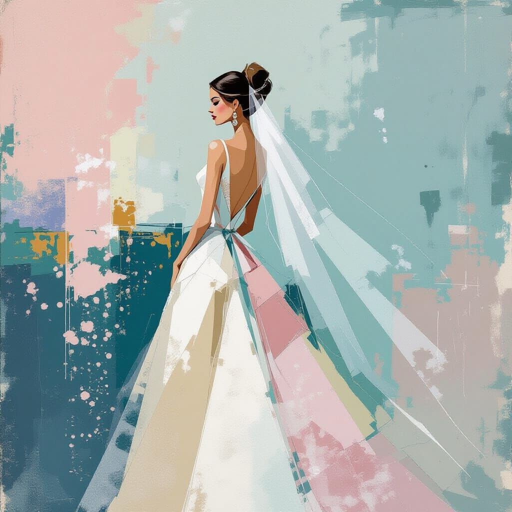 Elegant Bride in Teal and Beige Mixed Media