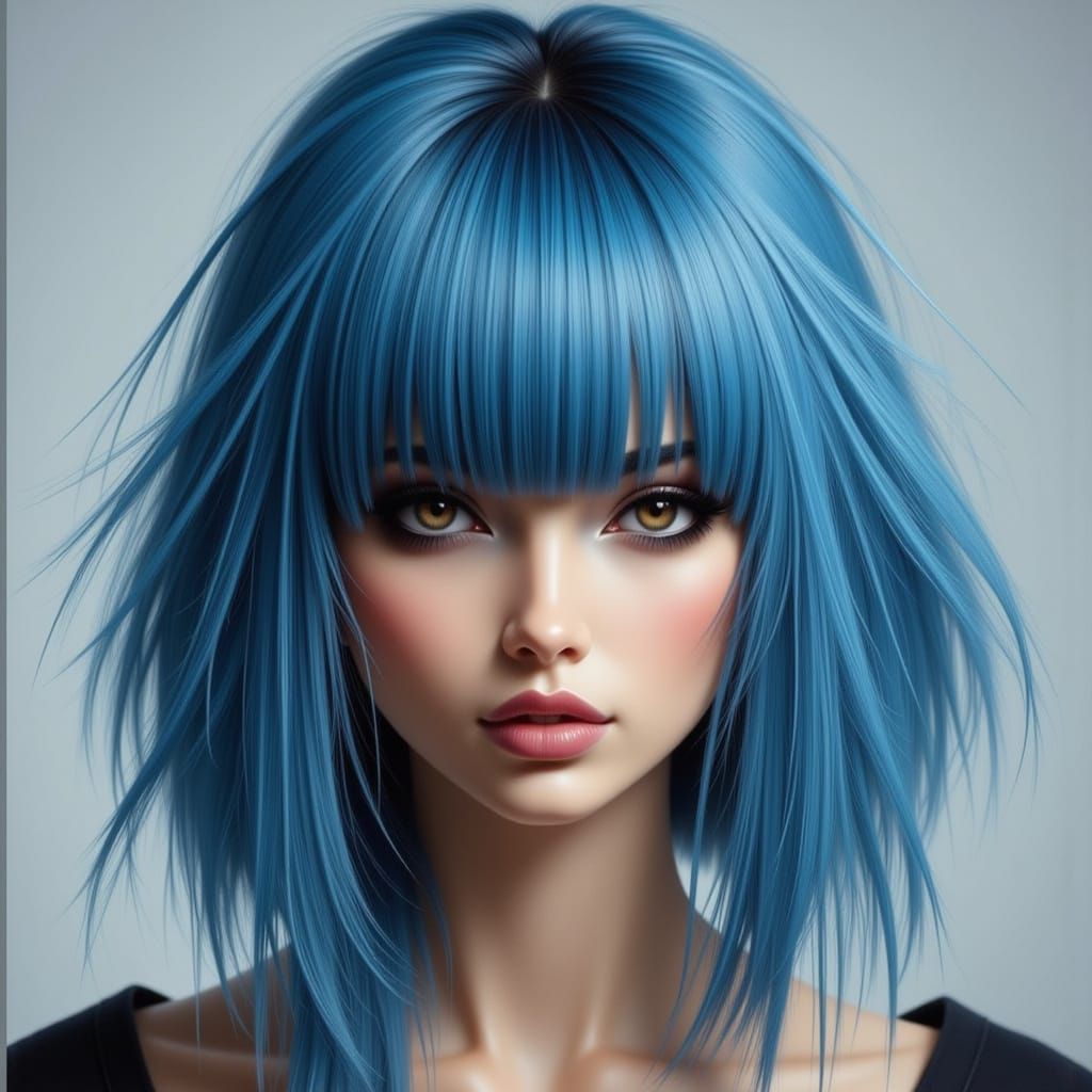 Stunning Portrait of a Woman with Blue Hair and Blunt Bangs