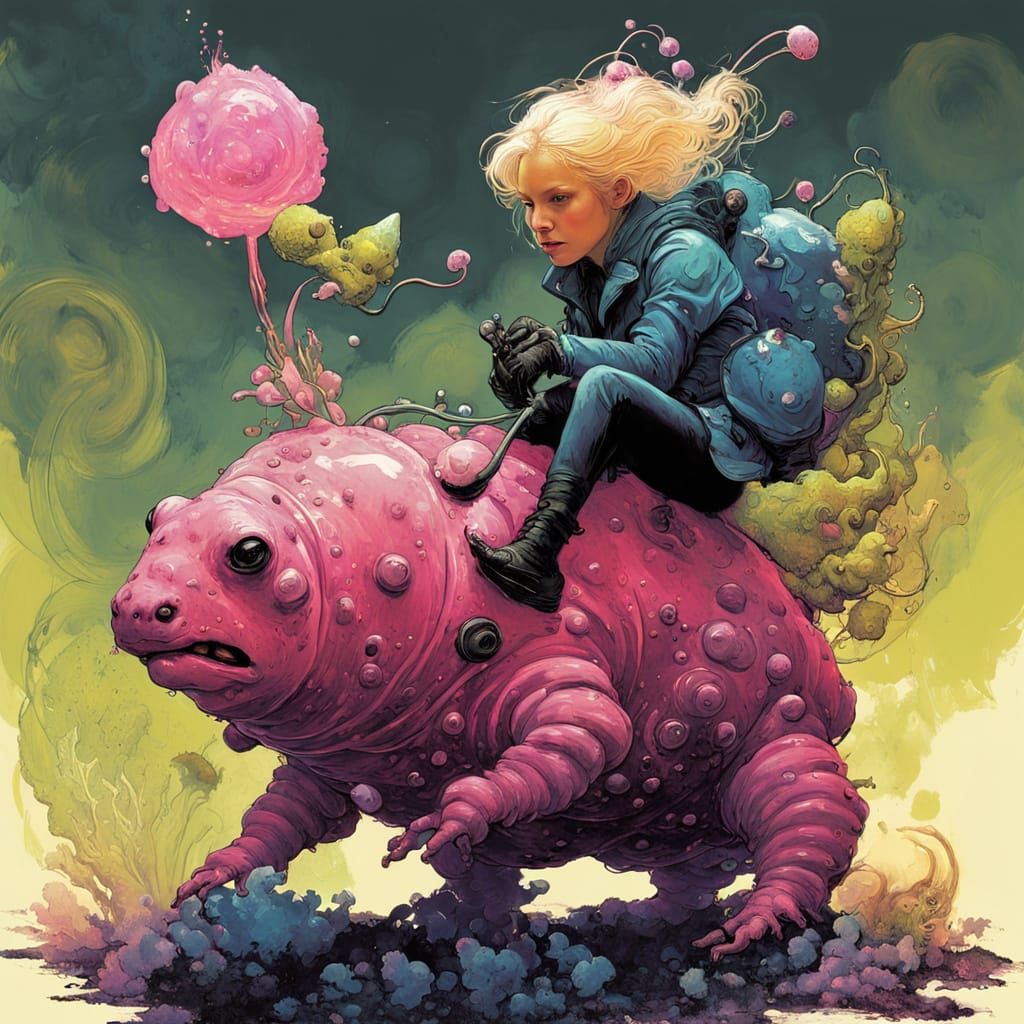 Whimsical Pixie Rides a Tardigrade in a Surreal Digital Gard...