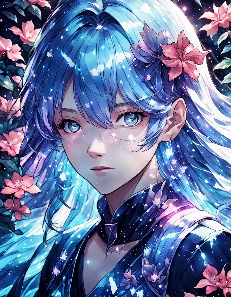 Anime Water Spirit Portrait with Crystal Flowers