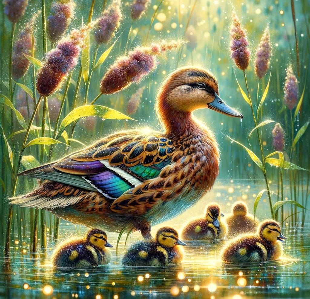 Duck and Ducklings in Pond, Watercolour Painting