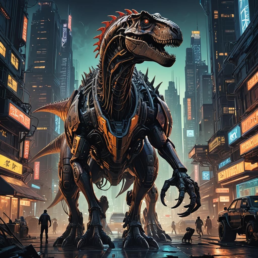 Cyberpunk T-Rex Roams Neon Cityscape