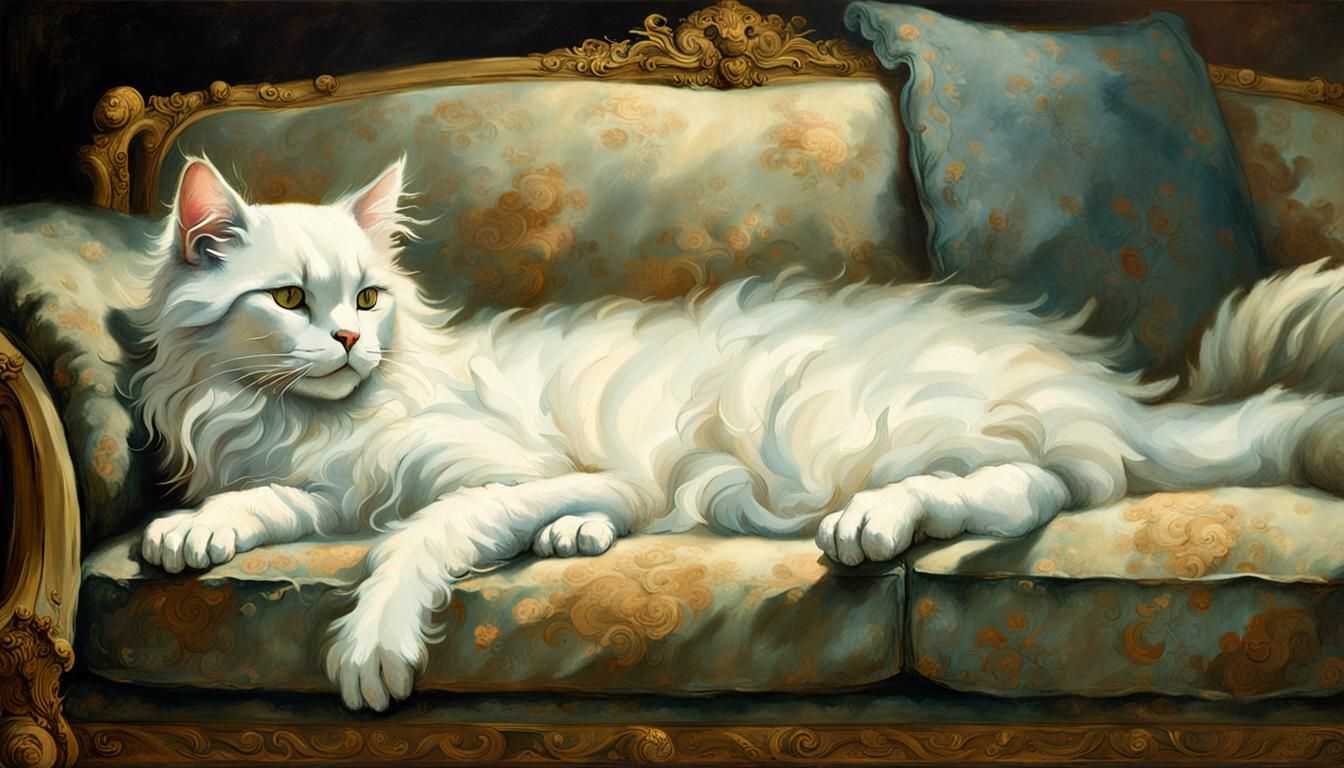 White Cat Reclining, Fragonard and Klimt Style