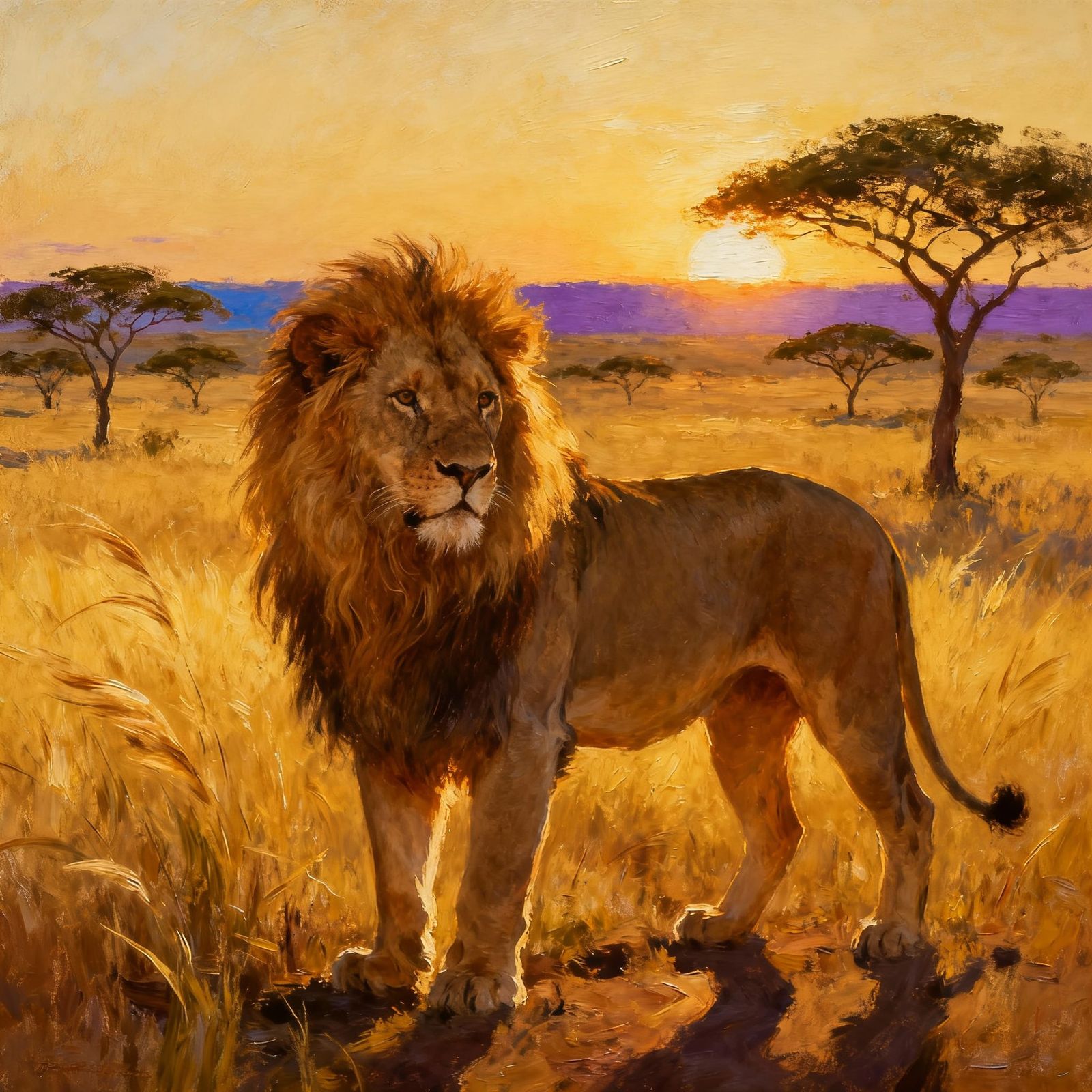 Majestic Male Lion on African Savannah, Oil Painting