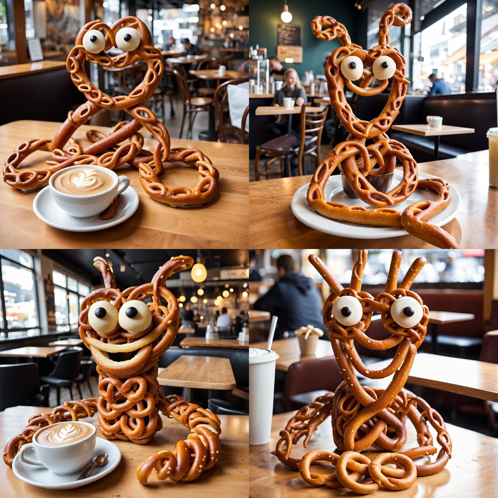 Pretzel Creature Smiling in a Cafe