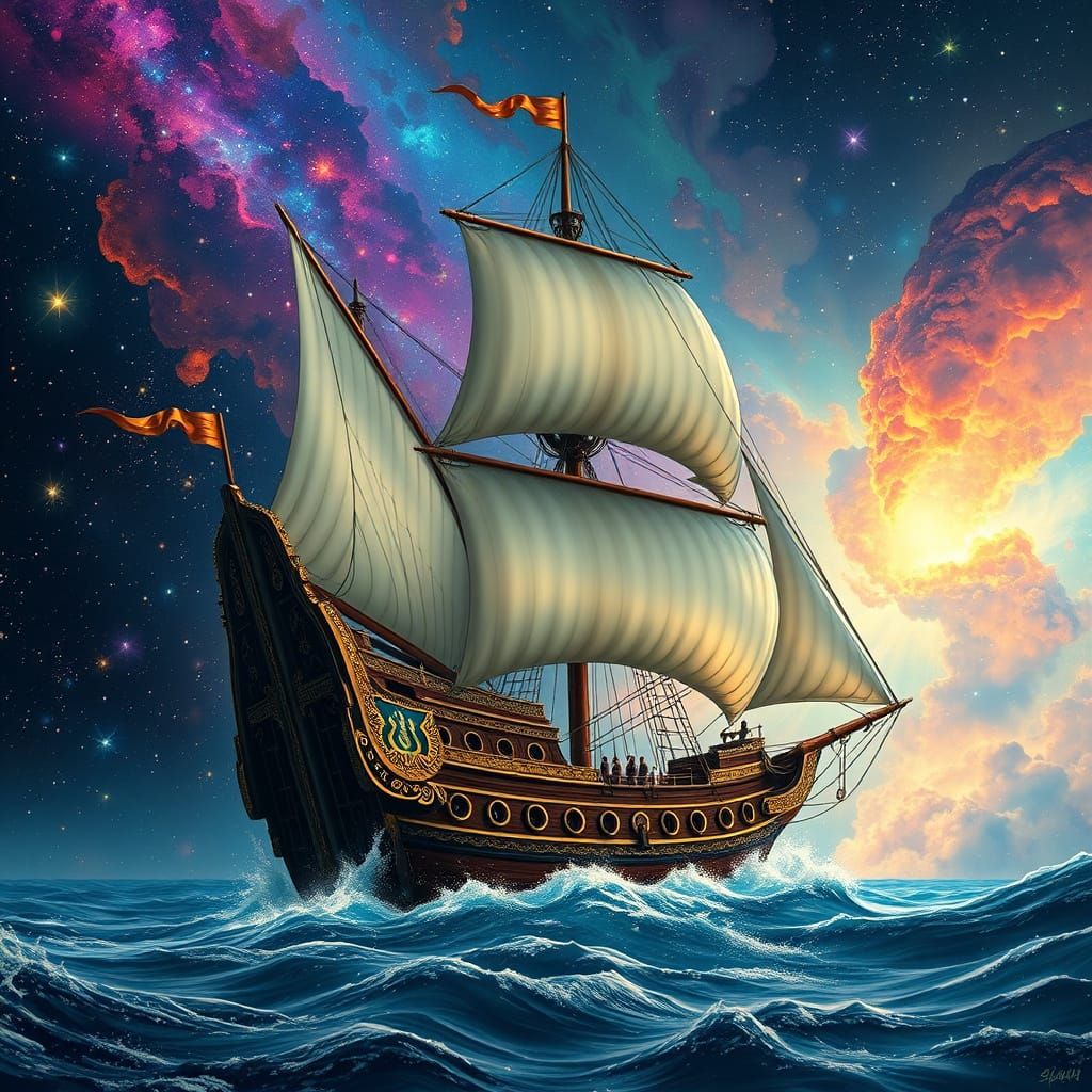 Galleon Sails Through Cosmic Nebula, Art Nouveau Style