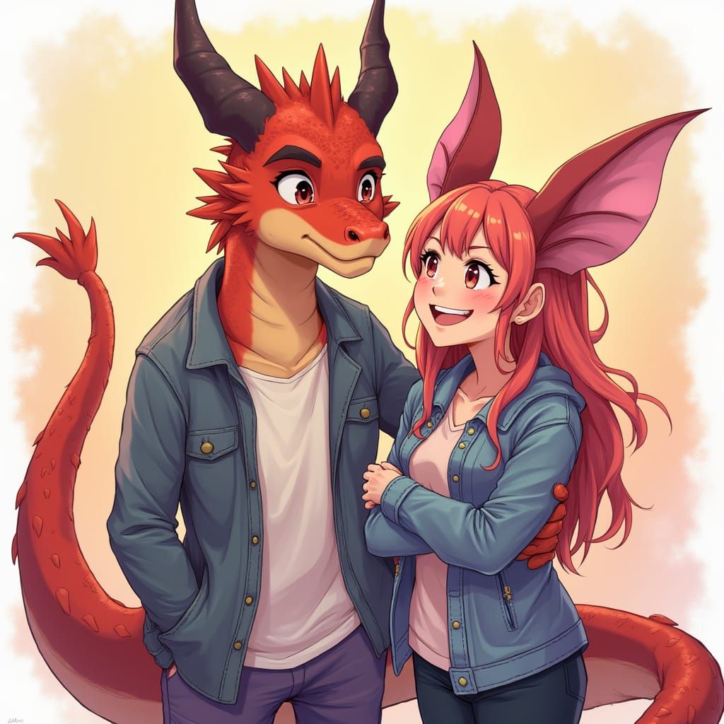 Dragon and Bat Father-Daughter Anime Art