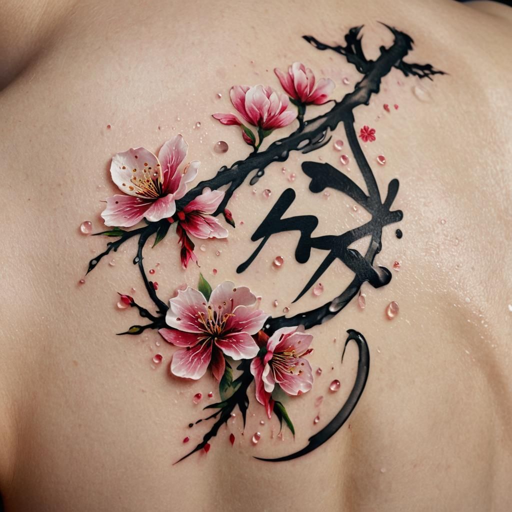 Nippon Calligraphy Tattoo with Cherry Blossoms